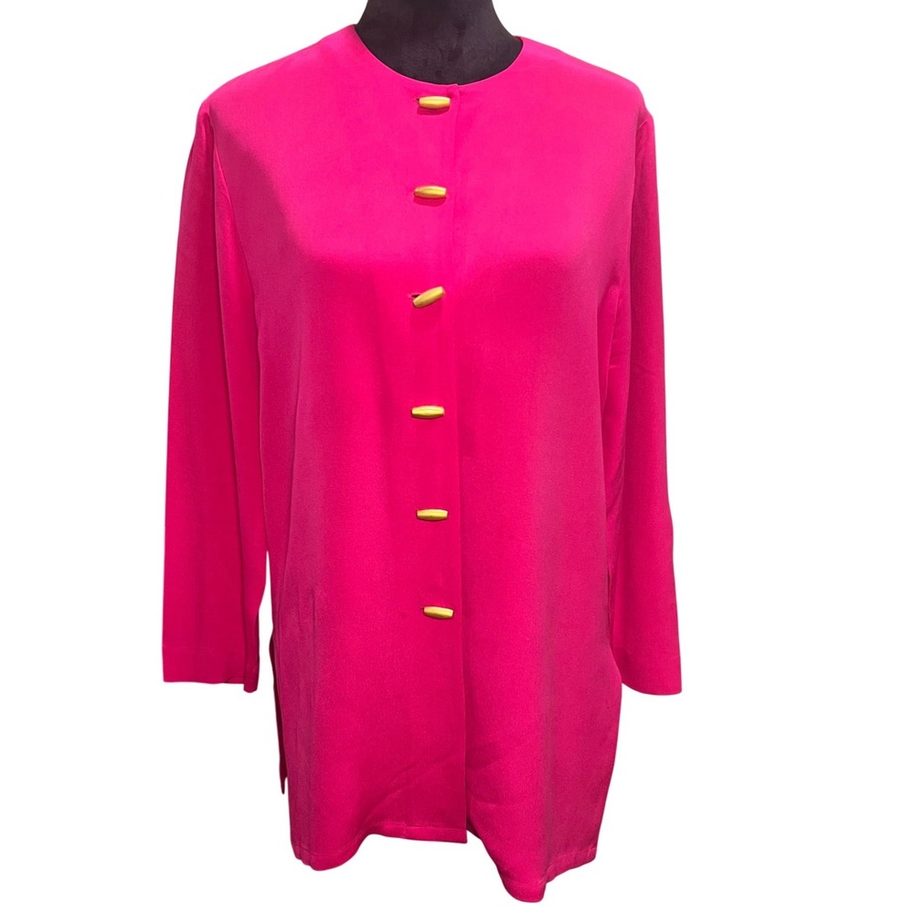 Shomi Vintage 100% Silk Hot Pink Toggle Button Tunic Blouse Women Size 8